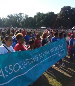 Social workers gather near the Lincoln Memorial on Aug. 24 for the 50th Anniversary of the March on Washington. Photo courtesy of NASW.