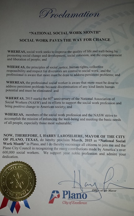National Social Work Month Proclamation from Plano, Texas.