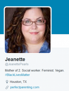 Screenshot of the profile of Tweeter @JeanettePearls. The profil ephoto is actually that of actress Julie Brister.